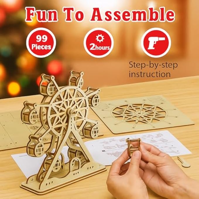 3D WOODEN PUZZLE MARBLE MAZE - DIY MECHANICAL MARBLE RUN MODEL, CREATIVE BUILDING SET FOR ADULTS & CHILDREN, EDUCATIONAL TOY WITH GEARS, GIFT FOR CRAFTERS AND MODEL BUILDING FANS (GIANT WHEEL 93 - Image 2